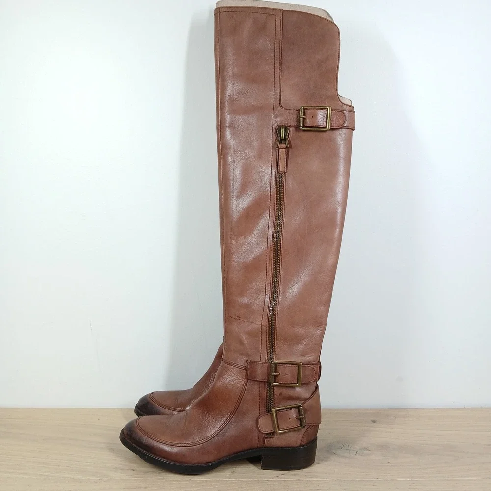 Sam Edelman Paulina Riding Boots Women 6 Brown Leather Knee High Side Zip Buckle